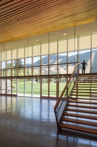 Sheer and open, a steel truss suspends the balcony of the Jackson Hole Performing Arts Pavilion’s lobby. PHOTO David Agnello, Courtesy of DYNIA Architects