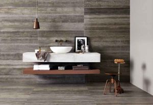 Original Style Tileworks wood-grain tile in Ash Tree Matte is used as both wall covering and flooring, by Inside Out Architecturals.