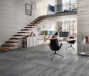 Summit Source’s Cosmo Vision wood flooring in pickled grey offers a cool contemporary look.